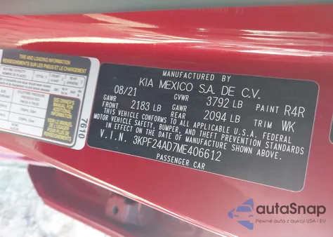 2021 Kia Forte Lxs from USA, damaged, VIN 3KPF24AD7ME406612